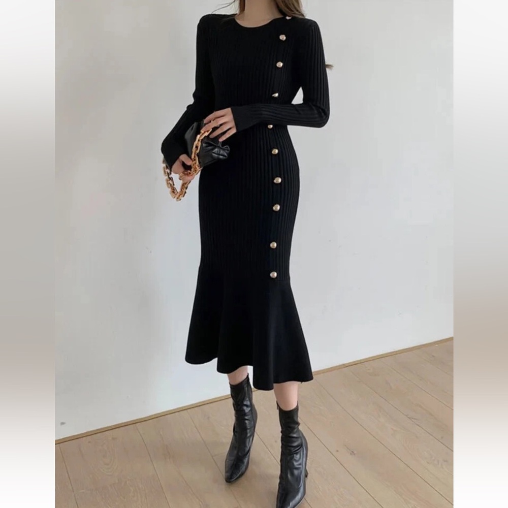 Black Ribbed Dress with Gold Button Accents